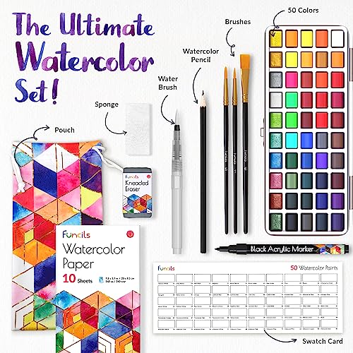 Funcils Watercolour Paint Set - Water Colour Paints Sets for Adults, Beginners | 50 Artist Quality Professional Watercolour Paints - Travel Watercolour Set, Painting Art Supplies, Kids Paint Set
