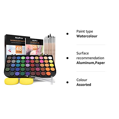 Nicpro Watercolour Paint Set, 48 Water Colors Kit with 8 Squirrel Brushes, Palette, Watercolor Pen, 25 Art Pad Paper, 2 Art Sponges, Non-toxic Painting Supplies for Kids, Adults, Beginners, Artists