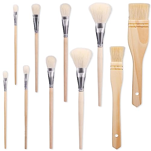 10pcs Paint Brushes, Various Sizes Goat Hair Paint Brushes for Painting Walls Soft Fur Gilding Brush for Watercolor Oil Painting Gold Leaf Wash Ceramic Pottery Metallic Foil Flakes Art Craft Supplies