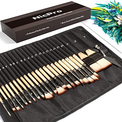 Nicpro 25PCS Paint Brush Set, Professional Enhanced Synthetic Artist Paint Brushes for Art Supplies, Acrylic, Watercolour, Oil & Gouache Painting - with Case Canvas Roll and Palette Knife