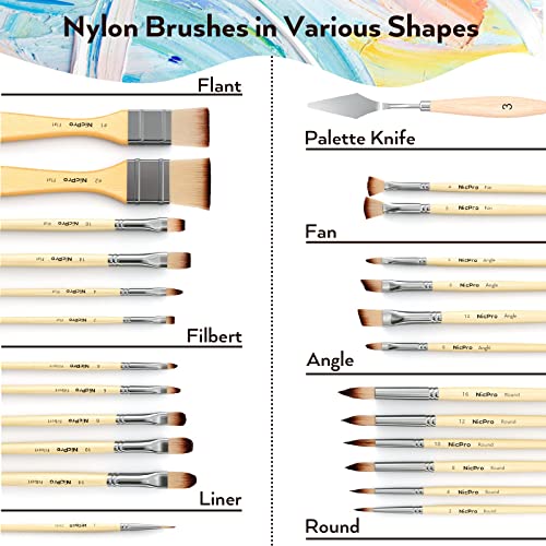 Nicpro 25PCS Paint Brush Set, Professional Enhanced Synthetic Artist Paint Brushes for Art Supplies, Acrylic, Watercolour, Oil & Gouache Painting - with Case Canvas Roll and Palette Knife