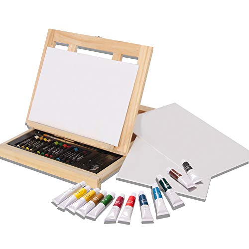 Mixed Media Art Set - Complete Easel Painting Kit with Wood Desk Top Easel Box Includes Acrylic Paints, 3 Canvas Boards, Oil Pastels, Desktop Art Supplies Gift for Beginner Artists, Kids, Adults