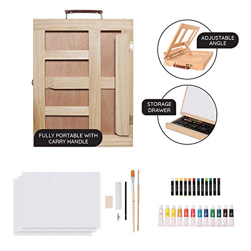 Mixed Media Art Set - Complete Easel Painting Kit with Wood Desk Top Easel Box Includes Acrylic Paints, 3 Canvas Boards, Oil Pastels, Desktop Art Supplies Gift for Beginner Artists, Kids, Adults