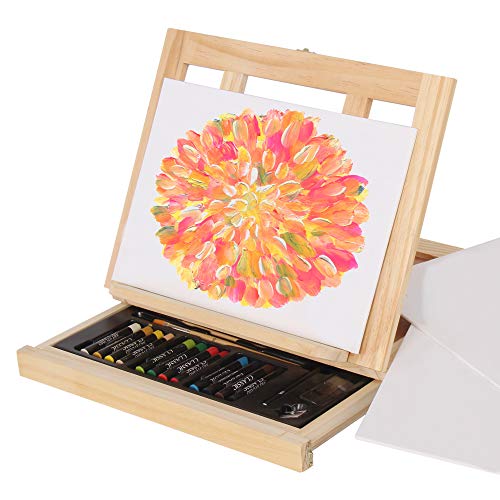 Mixed Media Art Set - Complete Easel Painting Kit with Wood Desk Top Easel Box Includes Acrylic Paints, 3 Canvas Boards, Oil Pastels, Desktop Art Supplies Gift for Beginner Artists, Kids, Adults