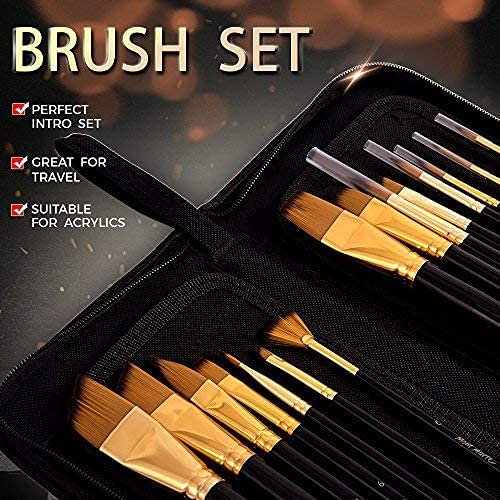 Mont Marte Art Paint Brush Set, 15 Piece. Includes 15 Taklon Bristle Paint Brushes and Easel Wallet with Zip Fastening. Suitable for Acrylic, Oil and Watercolor Painting.