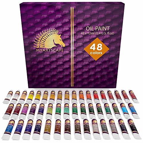 MyArtscape Oil Paint Set - 12ml x 48 Tubes - Lightfast - Heavy Body - Highly Pigmented Oil-based Colors - Excellent Coverage - Artist Quality Painting Supplies - Professional Craft Paints