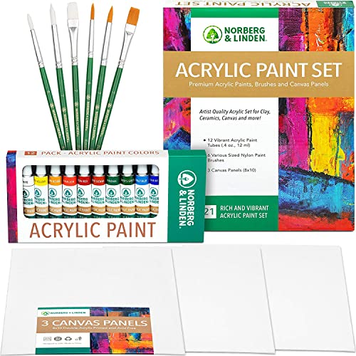 Acrylic Art Set - 12 Acrylic Paint Tubes - 6 Paint Brushes - 3 Canvas Panels - Art Supplies