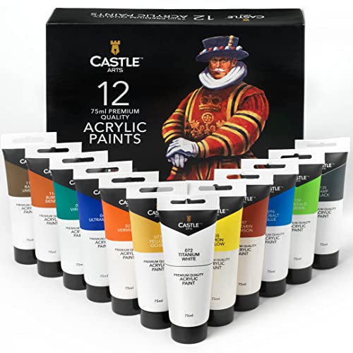 Castle Art Supplies 12 Large 75ml Acrylic Paints Set Tubes for Adults Artists Children Kids | Ideal Acrylic Paint Sets for Crafts Canvas Wood Ceramic Fabric and Nail Art Painting