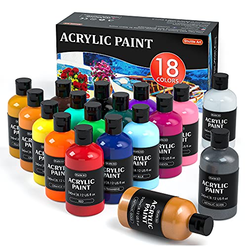 Acrylic Paint, Shuttle Art 18 Colours Acrylic Paint Bottle Set (240ml/8.12oz), Rich Pigmented Acrylic Paints, Bulk Painting Supplies for Artists, Beginners and Kids on Rocks Crafts Canvas Wood Ceramic