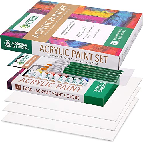 Acrylic Art Set - 12 Acrylic Paint Tubes - 6 Paint Brushes - 3 Canvas Panels - Art Supplies