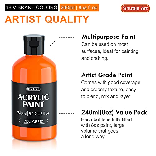 Acrylic Paint, Shuttle Art 18 Colours Acrylic Paint Bottle Set (240ml/8.12oz), Rich Pigmented Acrylic Paints, Bulk Painting Supplies for Artists, Beginners and Kids on Rocks Crafts Canvas Wood Ceramic