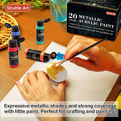 Metallic Acrylic Paints Set, Shuttle Art 20 Colours Metallic Paints in Bottles (60ml, 2oz) with 3 Brushes and Palette, Rich Pigments, Non-Toxic for Artists, Beginners on Rocks Crafts CanvasWood Fabric