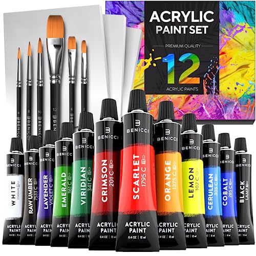 Acrylic Paint Set - 12 Vibrant Colors, 6 Art Brushes and 3 Paint Canvases - for Painting Canvas, Ceramic, Clay, Fabric , Wood & Crafts, Quick Dry & Non-Toxic Paints - for Artists, Kids and Adults