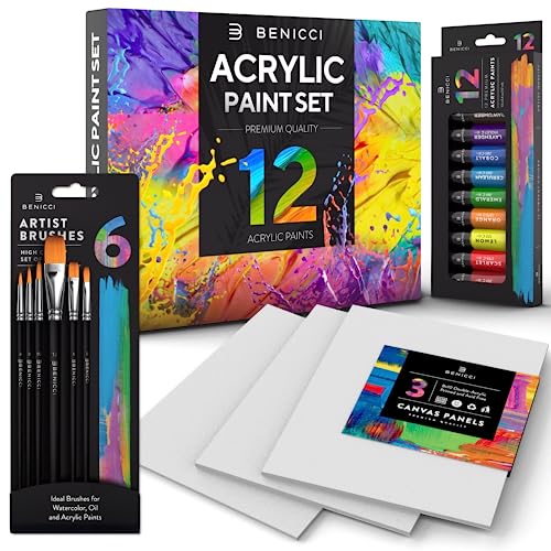 Acrylic Paint Set - 12 Vibrant Colors, 6 Art Brushes and 3 Paint Canvases - for Painting Canvas, Ceramic, Clay, Fabric , Wood & Crafts, Quick Dry & Non-Toxic Paints - for Artists, Kids and Adults