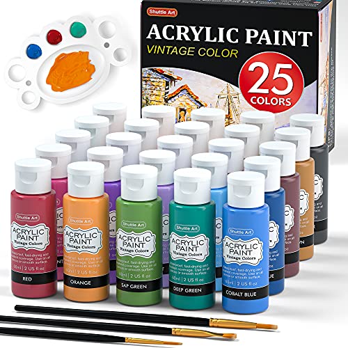 Shuttle Art Acrylic Paint, 25 Vintage Colours Acrylic Paint Set, 2oz/60ml Bottles, Rich Pigmented, Premium Acrylic Paints for Artists, Beginners and Kids on Rocks Crafts Canvas Wood Ceramic