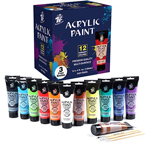 TBC Acrylic Paint Set for Professional Artists, Kids Beginners Painting Craft on Paper, Canvas, Rock, Wood, Ceramic, Glass - Set of 12 Tubes x 120ml with 3 Paint Brushes