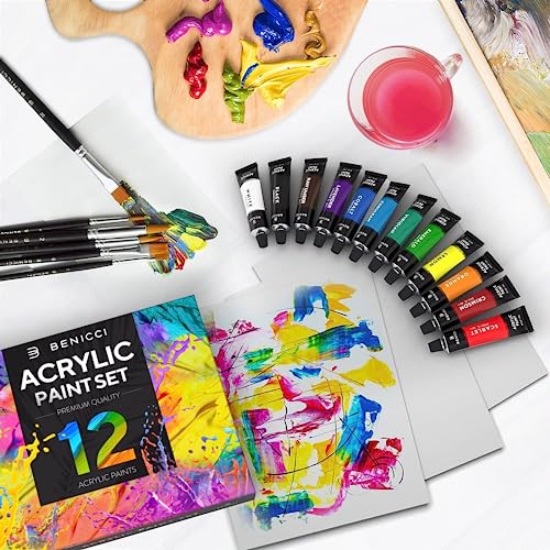 Acrylic Paint Set - 12 Vibrant Colors, 6 Art Brushes and 3 Paint Canvases - for Painting Canvas, Ceramic, Clay, Fabric , Wood & Crafts, Quick Dry & Non-Toxic Paints - for Artists, Kids and Adults
