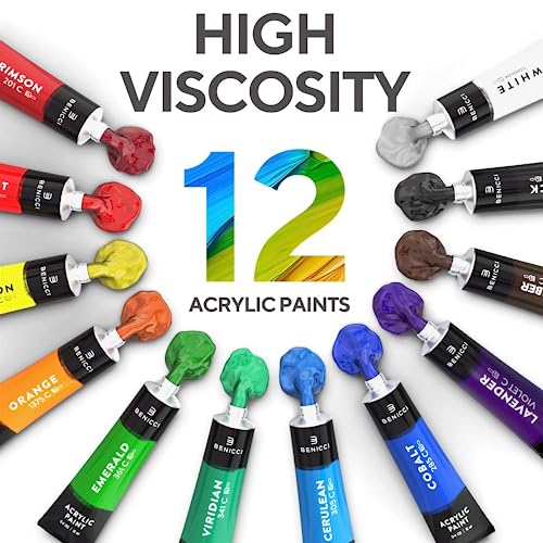 Acrylic Paint Set - 12 Vibrant Colors, 6 Art Brushes and 3 Paint Canvases - for Painting Canvas, Ceramic, Clay, Fabric , Wood & Crafts, Quick Dry & Non-Toxic Paints - for Artists, Kids and Adults