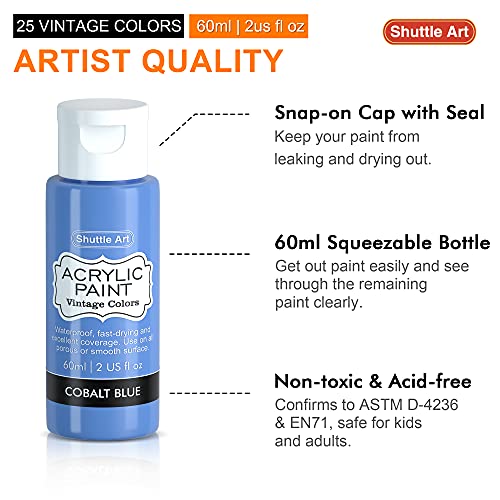 Shuttle Art Acrylic Paint, 25 Vintage Colours Acrylic Paint Set, 2oz/60ml Bottles, Rich Pigmented, Premium Acrylic Paints for Artists, Beginners and Kids on Rocks Crafts Canvas Wood Ceramic