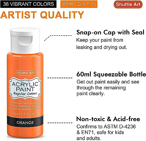 Shuttle Art Acrylic Paint Set, 36 Colours (60ml, 2oz) with 3 Brushes & 1 Palette, Craft painting, Rich Pigments,Non-Toxic for Artists,Beginners and Kids on Rocks, Crafts, Canvas,Wood, Fabric, Ceramic