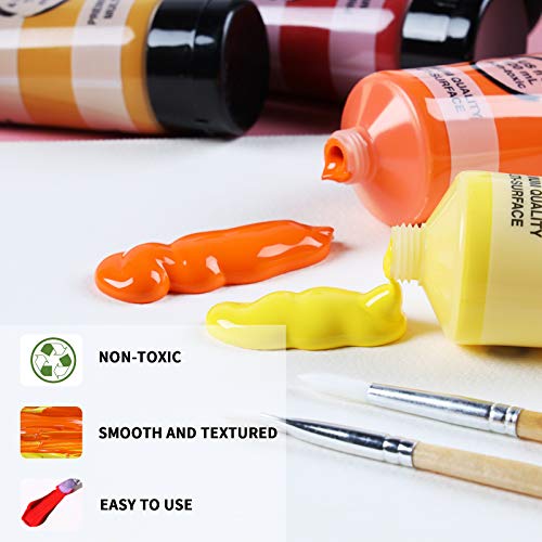 TBC Acrylic Paint Set for Professional Artists, Kids Beginners Painting Craft on Paper, Canvas, Rock, Wood, Ceramic, Glass - Set of 12 Tubes x 120ml with 3 Paint Brushes
