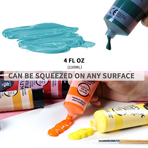 TBC Acrylic Paint Set for Professional Artists, Kids Beginners Painting Craft on Paper, Canvas, Rock, Wood, Ceramic, Glass - Set of 12 Tubes x 120ml with 3 Paint Brushes