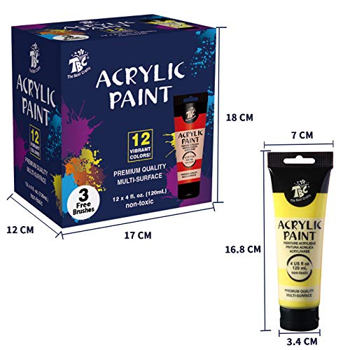 TBC Acrylic Paint Set for Professional Artists, Kids Beginners Painting Craft on Paper, Canvas, Rock, Wood, Ceramic, Glass - Set of 12 Tubes x 120ml with 3 Paint Brushes
