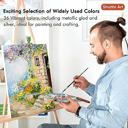 Shuttle Art Acrylic Paint Set, 36 Colours (60ml, 2oz) with 3 Brushes & 1 Palette, Craft painting, Rich Pigments,Non-Toxic for Artists,Beginners and Kids on Rocks, Crafts, Canvas,Wood, Fabric, Ceramic