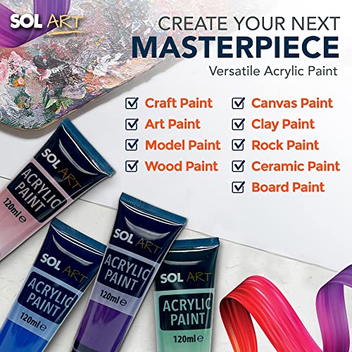 SOL 12pk Acrylic Paint Set | 8x 120ml Acrylic Paints Set + 4 Brushes | Acrylic Paints for Artists Art, Craft, Ceramic, Canvas Paint | Acrilic Painting Set Craft Paint Acyrillic Paint Acrylic Paint Kit