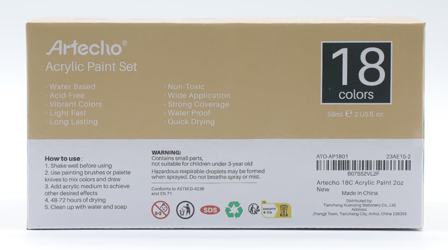 Artecho Acrylic Paint Acrylic Paint Set for Art, 18 Colors 2 Ounce/59ml Basic Acrylic Paint Supplies for Wood, Fabric, Crafts, Canvas, Leather&Stone