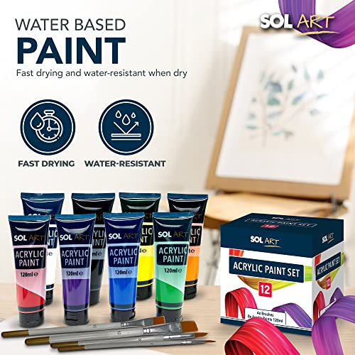 SOL 12pk Acrylic Paint Set | 8x 120ml Acrylic Paints Set + 4 Brushes | Acrylic Paints for Artists Art, Craft, Ceramic, Canvas Paint | Acrilic Painting Set Craft Paint Acyrillic Paint Acrylic Paint Kit