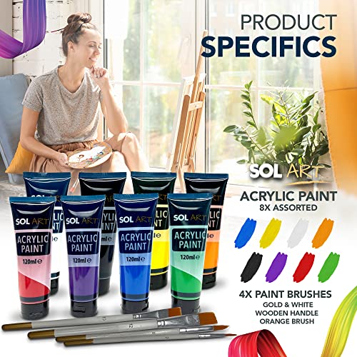 SOL 12pk Acrylic Paint Set | 8x 120ml Acrylic Paints Set + 4 Brushes | Acrylic Paints for Artists Art, Craft, Ceramic, Canvas Paint | Acrilic Painting Set Craft Paint Acyrillic Paint Acrylic Paint Kit