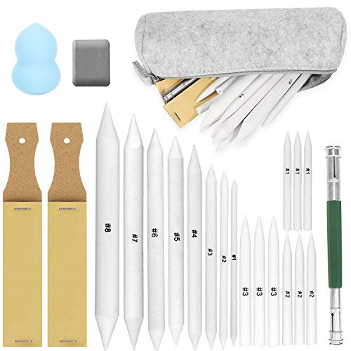 23Pack Art Blenders Set, Blending Stumps and Tortillions Set with Sandpaper Pencil Sharpeners, Kneaded Eraser, Pencil Extension Tool, Sponge, Package in Felt Bag for Student Artists Sketch Drawing