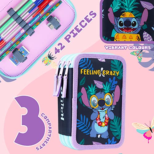 Disney Stitch Pencil Case with Stationery for Girls Frozen Filled Pencil Case School Supplies Colouring Pencils Coloured Markers Stitch Gifts for Girls (Stitch Triple Zip)