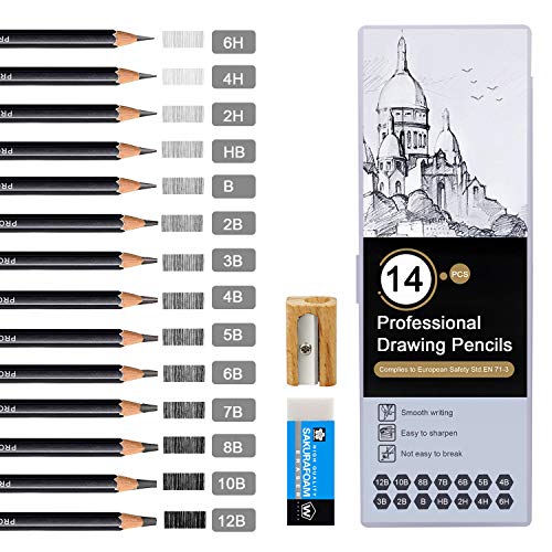 Telgoner Sketching Pencils, 17pcs Drawing Pencils Sketch Pencil Set 12B 10B 8B 7B 6B 5B 4B 3B 2B B HB 2H 4H 6H Artist Pencil for Kids & Adults Art Pencils with Eraser Sharpener Pencil Case