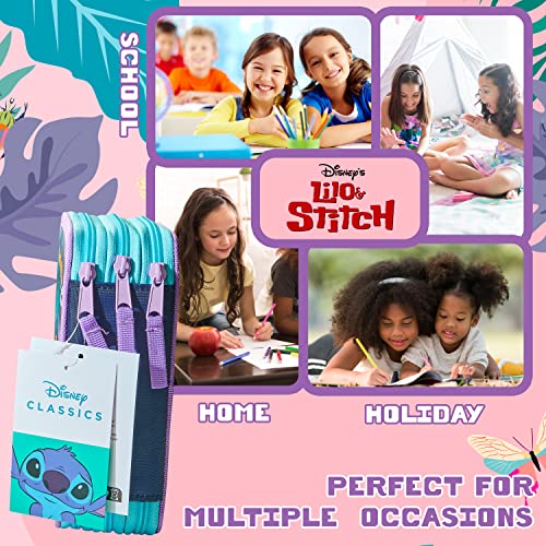 Disney Stitch Pencil Case with Stationery for Girls Frozen Filled Pencil Case School Supplies Colouring Pencils Coloured Markers Stitch Gifts for Girls (Stitch Triple Zip)