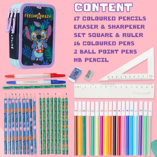 Disney Stitch Pencil Case with Stationery for Girls Frozen Filled Pencil Case School Supplies Colouring Pencils Coloured Markers Stitch Gifts for Girls (Stitch Triple Zip)