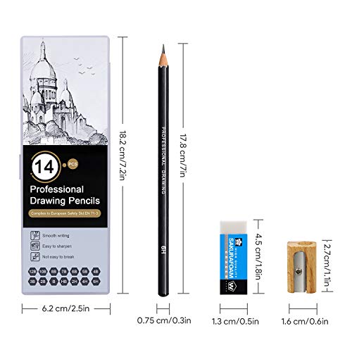 Telgoner Sketching Pencils, 17pcs Drawing Pencils Sketch Pencil Set 12B 10B 8B 7B 6B 5B 4B 3B 2B B HB 2H 4H 6H Artist Pencil for Kids & Adults Art Pencils with Eraser Sharpener Pencil Case