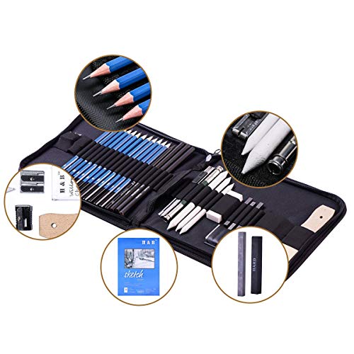 H & B Sketch Pad and Pencils Set 33 Pcs, Art Supplies Art Kit with Sketch Book Drawing Charcoal Pencil Eraser Sharpener Pencil Extender & Canvas Art Bag for Artist Beginners Kids Adults