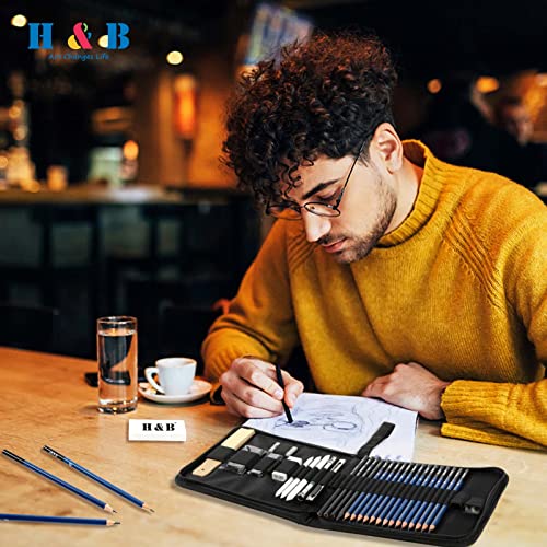 H & B Sketch Pad and Pencils Set 33 Pcs, Art Supplies Art Kit with Sketch Book Drawing Charcoal Pencil Eraser Sharpener Pencil Extender & Canvas Art Bag for Artist Beginners Kids Adults