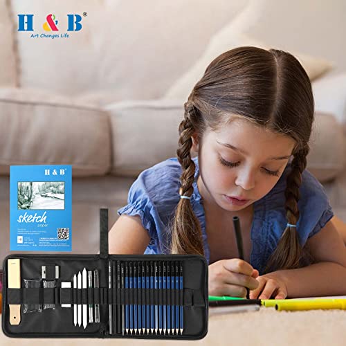H & B Sketch Pad and Pencils Set 33 Pcs, Art Supplies Art Kit with Sketch Book Drawing Charcoal Pencil Eraser Sharpener Pencil Extender & Canvas Art Bag for Artist Beginners Kids Adults