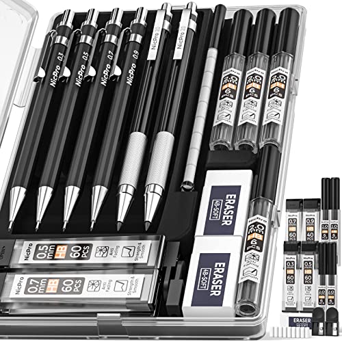 Nicpro 6 PCS Art Mechanical Pencils Set, Black Metal Drafting Pencil 0.3, 0.5, 0.7, 0.9 mm & 2PCS 2mm Graphite Lead Holder(4B 2B HB 2H) For Writing Sketching Drawing With 8 Lead Refills Eraser Case