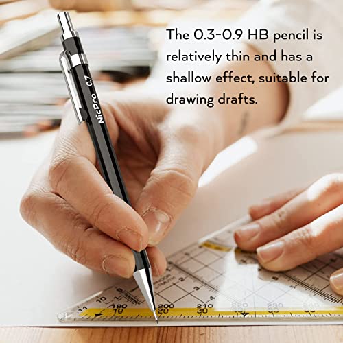 Nicpro 6 PCS Art Mechanical Pencils Set, Black Metal Drafting Pencil 0.3, 0.5, 0.7, 0.9 mm & 2PCS 2mm Graphite Lead Holder(4B 2B HB 2H) For Writing Sketching Drawing With 8 Lead Refills Eraser Case