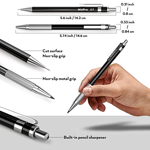 Nicpro 6 PCS Art Mechanical Pencils Set, Black Metal Drafting Pencil 0.3, 0.5, 0.7, 0.9 mm & 2PCS 2mm Graphite Lead Holder(4B 2B HB 2H) For Writing Sketching Drawing With 8 Lead Refills Eraser Case