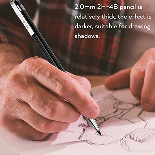 Nicpro 6 PCS Art Mechanical Pencils Set, Black Metal Drafting Pencil 0.3, 0.5, 0.7, 0.9 mm & 2PCS 2mm Graphite Lead Holder(4B 2B HB 2H) For Writing Sketching Drawing With 8 Lead Refills Eraser Case