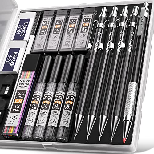 Nicpro 5 PCS Art Mechanical Pencils Set, Black Metal Artist Drafting Pencil 0.3 & 0.5 & 0.7 & 0.9 & 2mm Graphite Lead Holder(4B 2B HB 2H CR) for Writing Sketching Drawing With Lead Refills Eraser