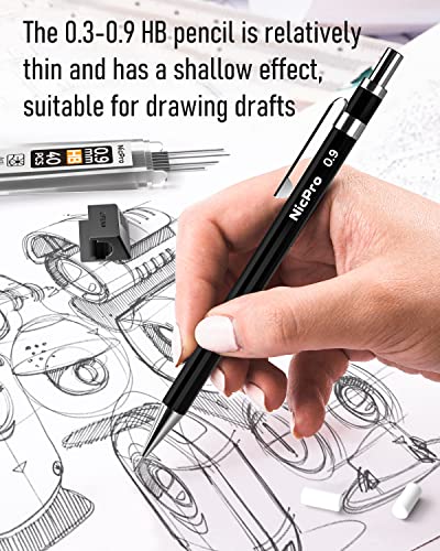 Nicpro 5 PCS Art Mechanical Pencils Set, Black Metal Artist Drafting Pencil 0.3 & 0.5 & 0.7 & 0.9 & 2mm Graphite Lead Holder(4B 2B HB 2H CR) for Writing Sketching Drawing With Lead Refills Eraser