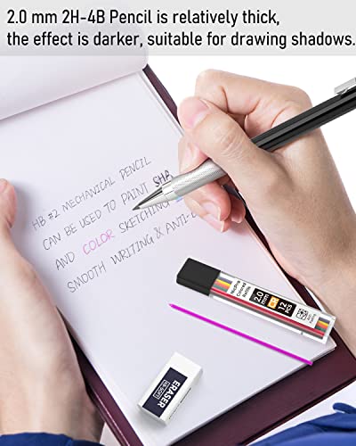 Nicpro 5 PCS Art Mechanical Pencils Set, Black Metal Artist Drafting Pencil 0.3 & 0.5 & 0.7 & 0.9 & 2mm Graphite Lead Holder(4B 2B HB 2H CR) for Writing Sketching Drawing With Lead Refills Eraser