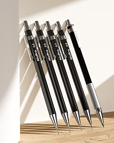 Nicpro 5 PCS Art Mechanical Pencils Set, Black Metal Artist Drafting Pencil 0.3 & 0.5 & 0.7 & 0.9 & 2mm Graphite Lead Holder(4B 2B HB 2H CR) for Writing Sketching Drawing With Lead Refills Eraser