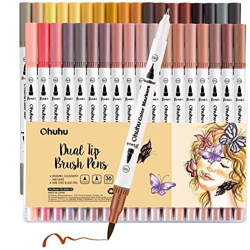 Ohuhu Skin Tone Colouring Pens, 36 Colours Dual Tip Brush Pens Felt Tip Pens Fineliner Art Markers, Skin Tone Water Based Marker Pens for Calligraphy Drawing Sketching Coloring Book